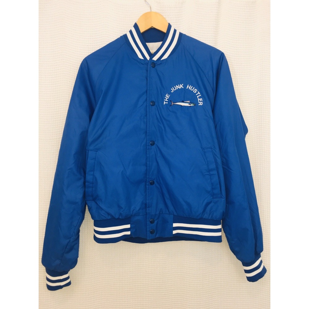 Vintage 80s Chalk Line Blue Satin Bomber Jacket Mens Large Fishing Cars Hustler